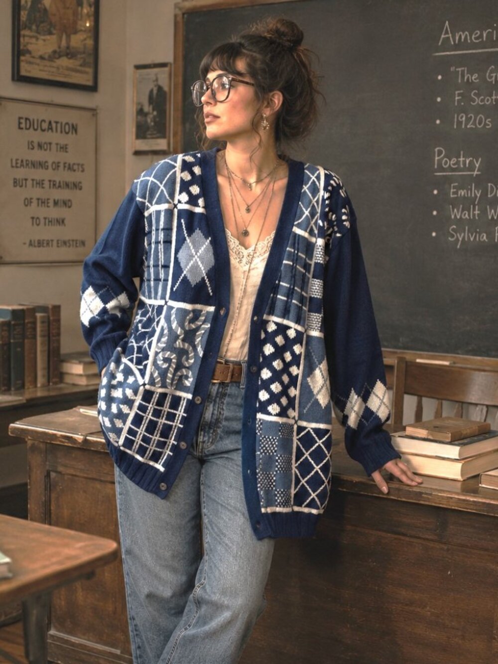 Tapestries by Jamie Delaney Vintage Navy Blue White Patchwork Patterned Sweater